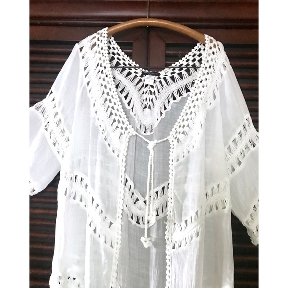 Festival BOHO White Duster Crochet Cover-Up CAFTAN - Picture 2 of 4
